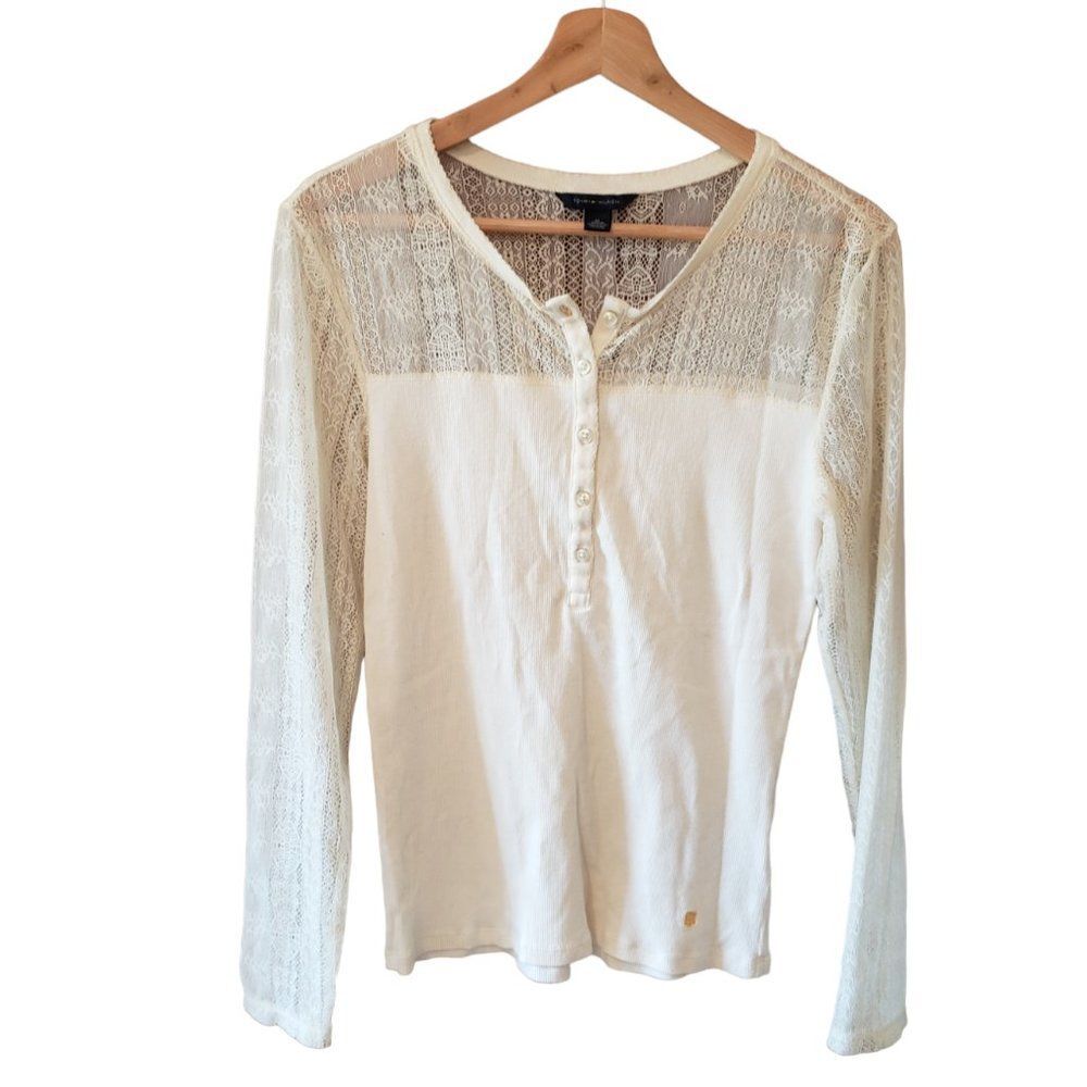 Tommy Hilfiger Off White Long Sleeve T-Shirt Lace Sleeves & Upper Buttons Sz M